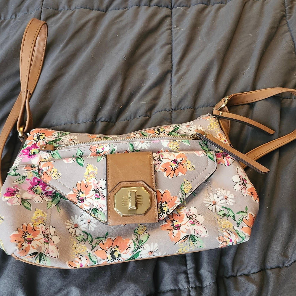 Rosetti Handbag Purse Floral Gray Pink Green Flowers Shoulder Bag